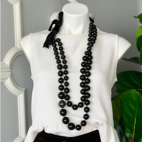 Dior Double Strand Long Faux Pearl Necklace With Velvet Bow - Picture 1 of 13
